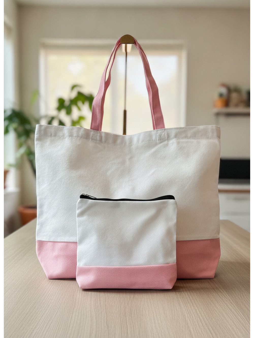 Two-Piece Canvas Tote Bag Set with Pink Accents